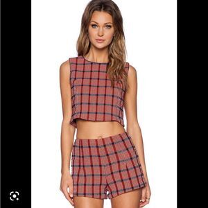 EUC Harlan XS poppy red navy plaid lined shorts & tank set  REVOLVE